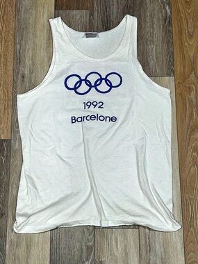 Hanes White Tank Top with Blue Olympic Rings Graphic
